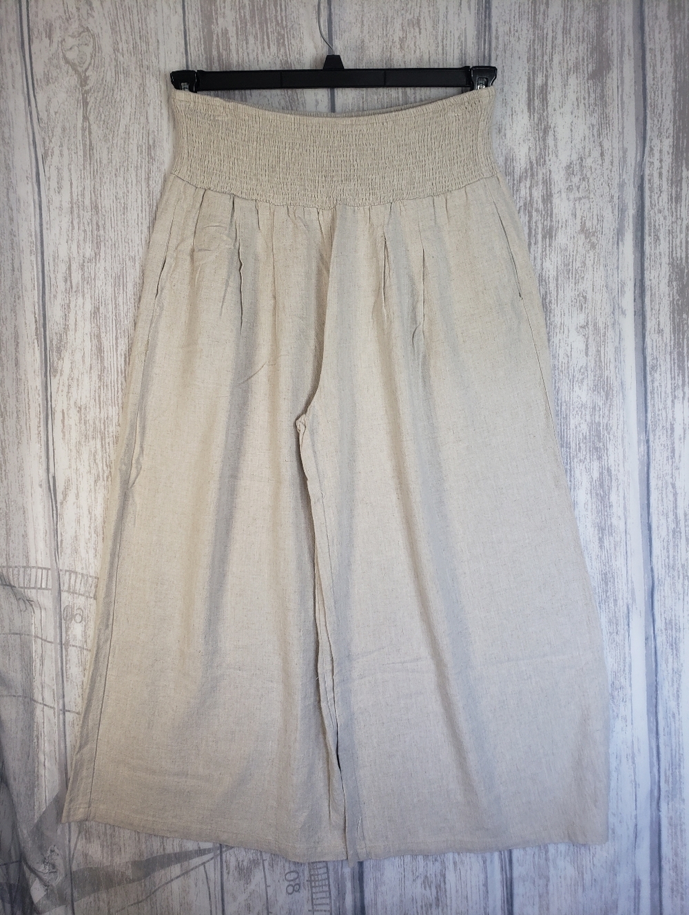 Anrabess Super Wide Leg Smocked Waist Linen-Blend Cropped Pants - Beige XXL